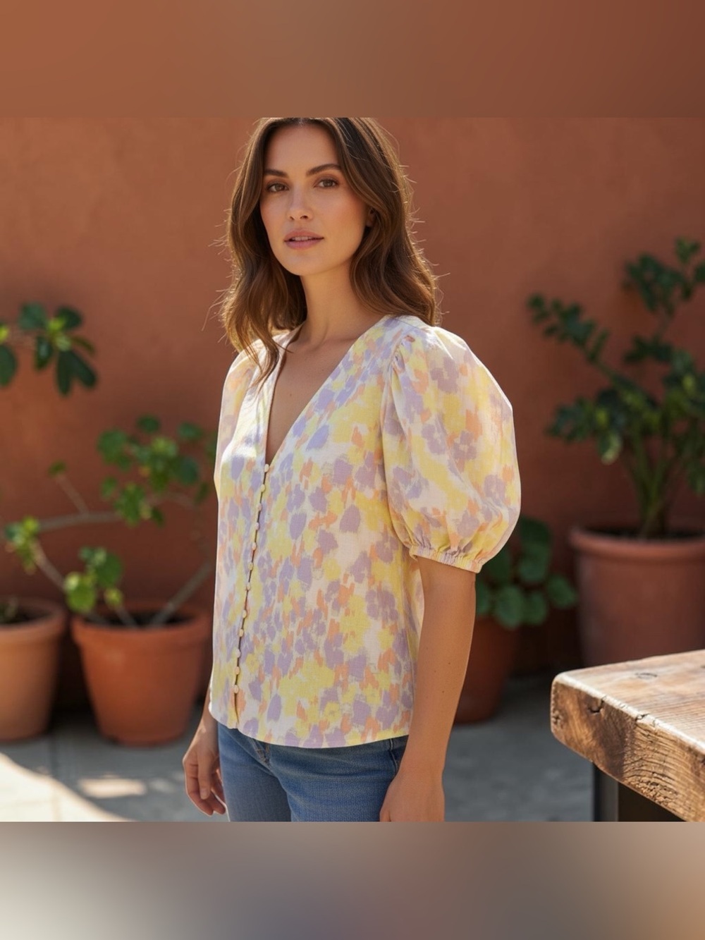 SABO Lightweight Pastel Puff-Sleeve Button-Front Top - Pink Yellow, Size 4